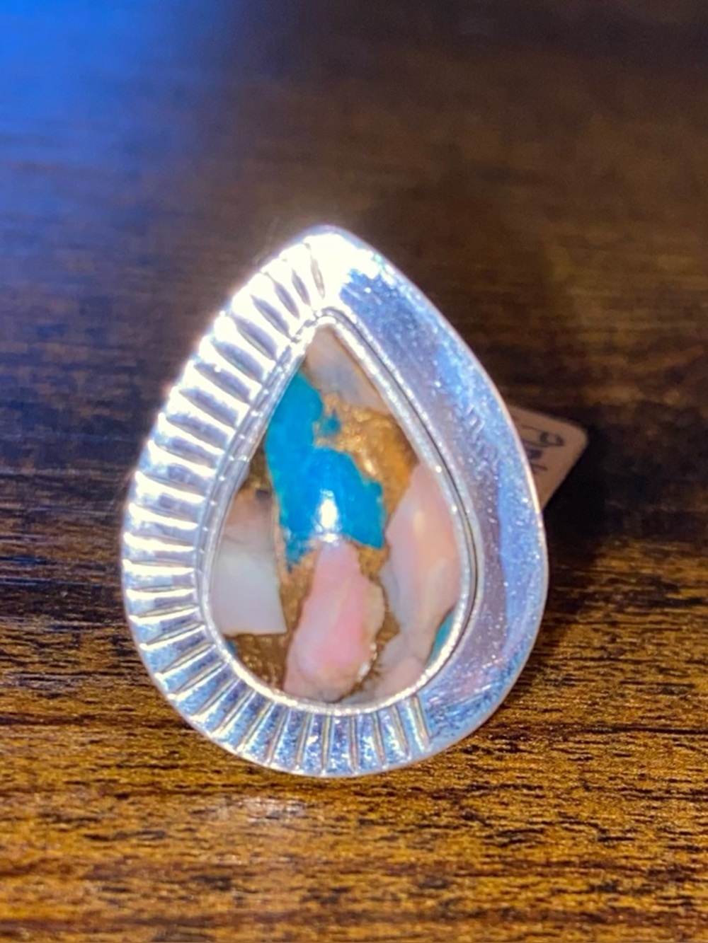 Pink Opal and Kingman turquoise ring set in 925 sterling silver Size 8